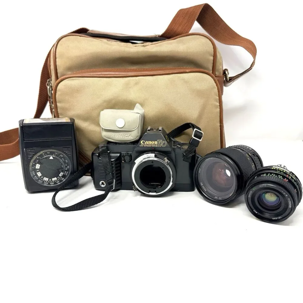 Canon T70 35mm SLR Camera Kit 50mm f1.8 Tamron 28mm Lens Flash Bag Tested